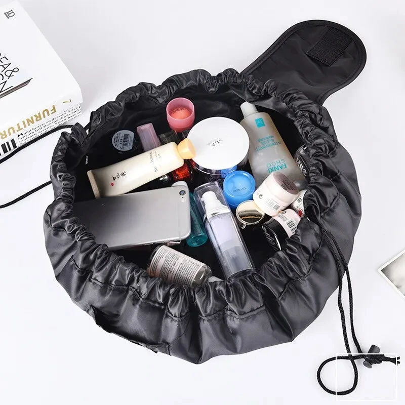 Borsa portaoggetti per trucco elastica con coulisse Borsa da viaggio portatile da donna nera di grande capacità Borse portaoggetti alla moda