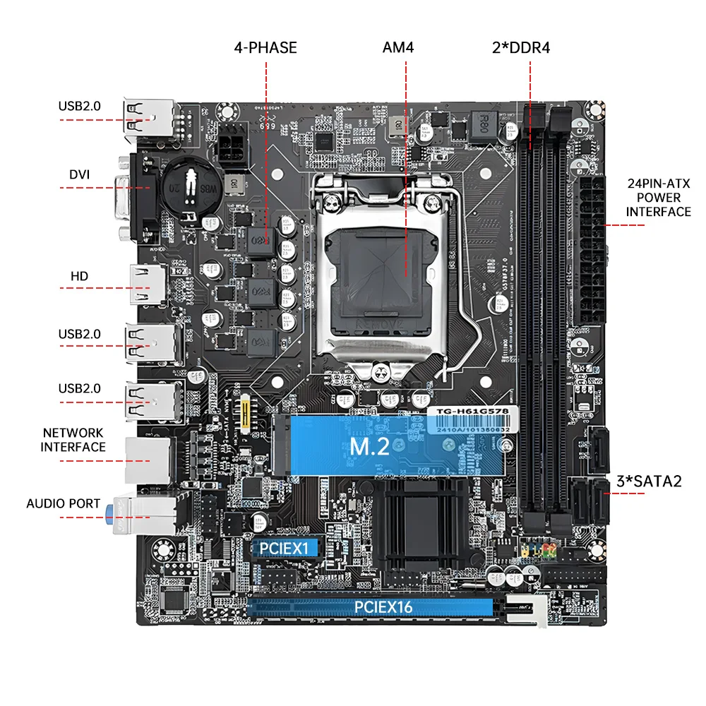 MOUGOL H61M Gaming Motherboard M.2 NVME PCIEx16 DVI Supports Dual-channel DDR3 RAM Intel Core 2/3 Gen CPU LGA1155 for Desktop PC