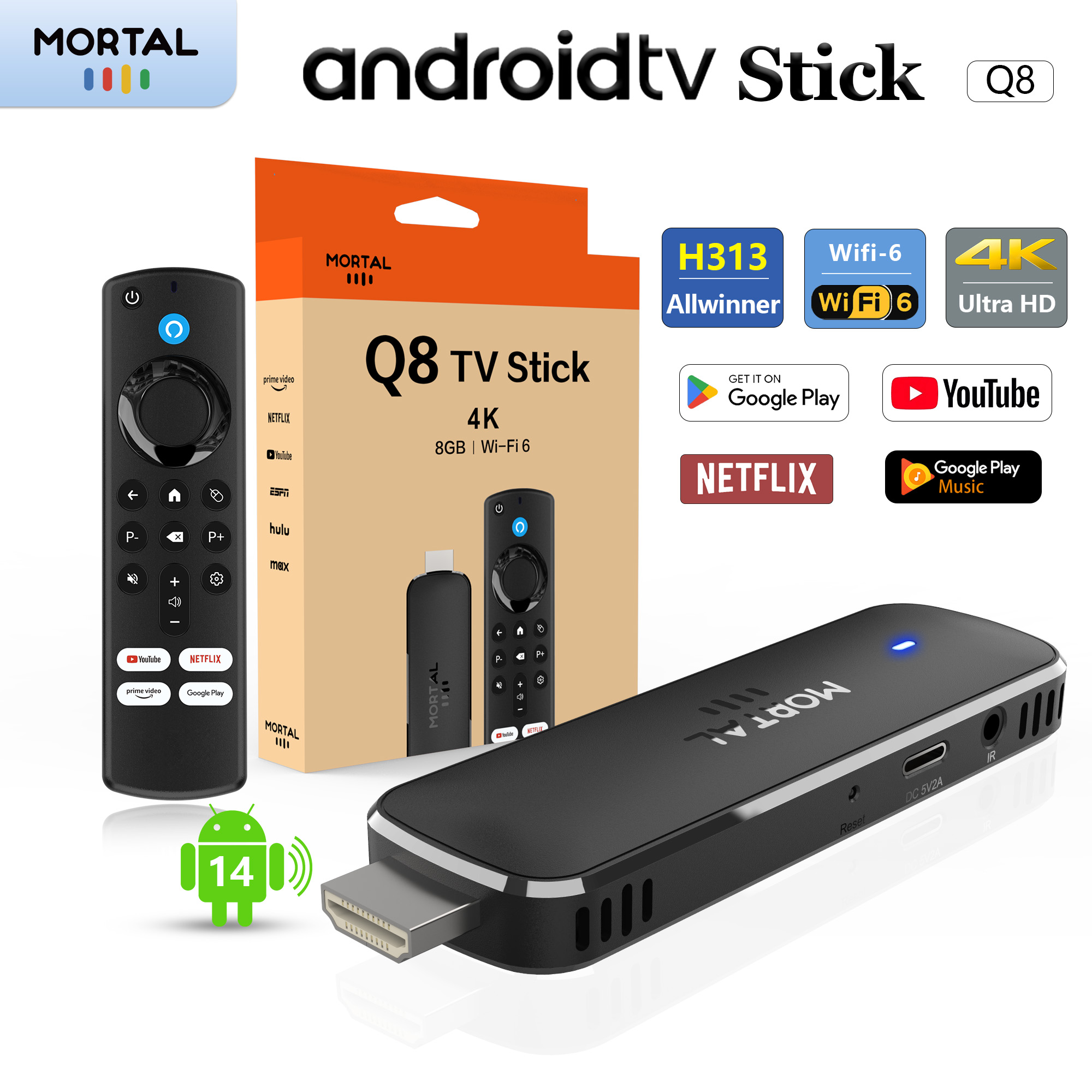 Global Version Android14 TV Stick Home Theater Allwinner H313 Mortal Q8 Support 4K@60fps Wifi6 Bluetooth Voice Remote Live TV