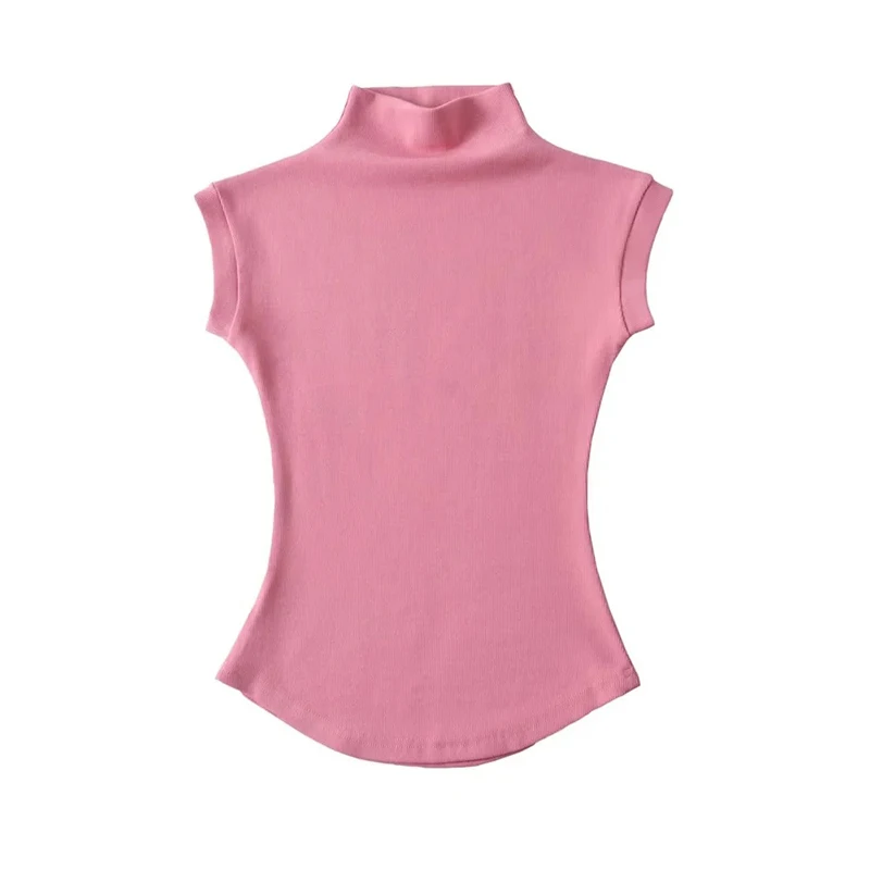 女性の夏のセクシーなタートルネックノースリーブ Tシャツトップス固体スリムフィットプルオーバー因果 Tシャツシャツ女性のストリートの基本 Tシャツ