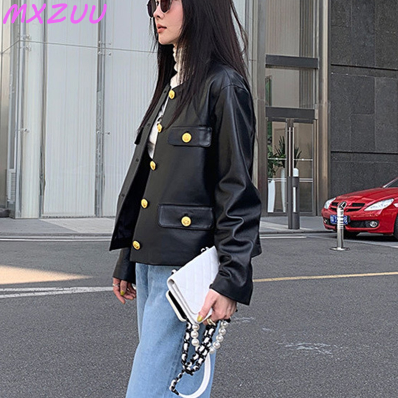 Automn roupas-女性用の白い本革のジャケット,丸いシープスキンのレトロなゴールドバックルネックライン