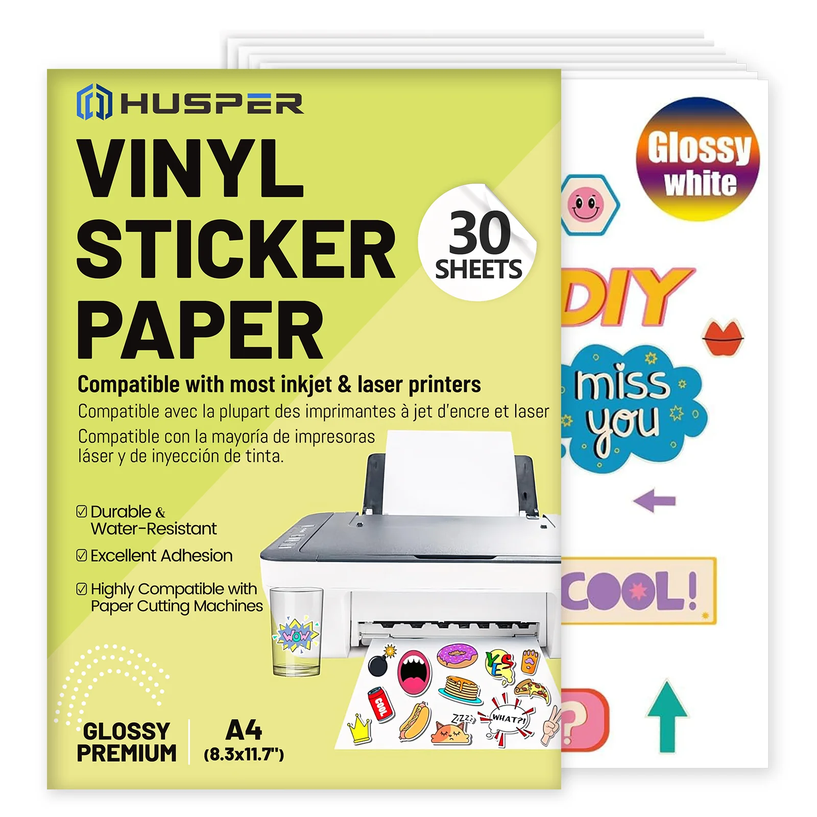 30 hojas de papel adhesivo de vinilo blanco brillante A4, autoadhesivo, resistente al agua para impresora de inyección de tinta, etiquetas y calcomanías artesanales DIY