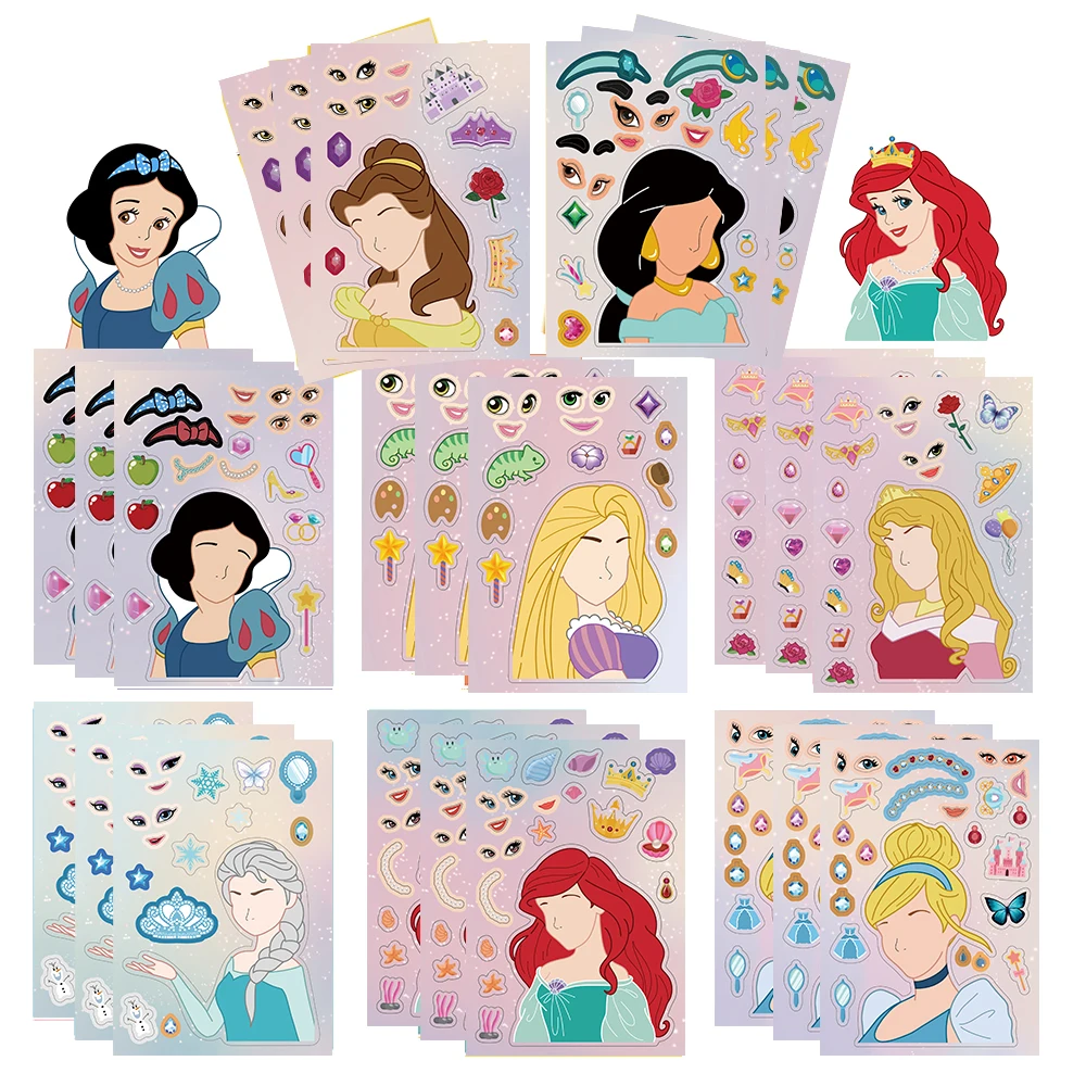 8/16 Lenzuola Disney Principessa Bambini FAI DA TE Puzzle Adesivi Gioco Make-a-Face Assemblare Jigsaw Decalcomanie Per Bambini Giocattoli Educativi Regalo Del Partito