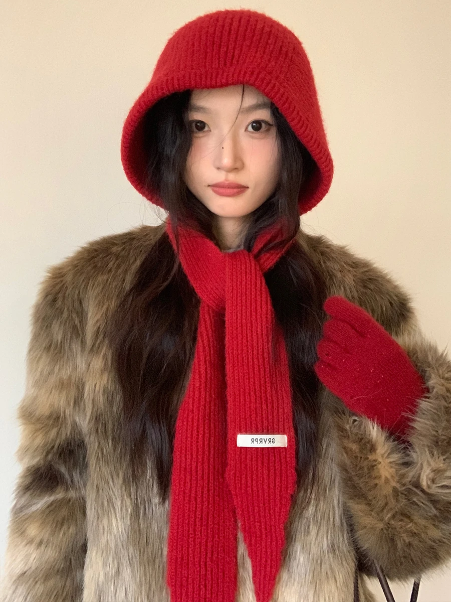 Gorro rojo de lana para Navidad y Año Nuevo, bufanda de una pieza para mujer, bufanda tejida para el cuello, pasamontañas con capucha