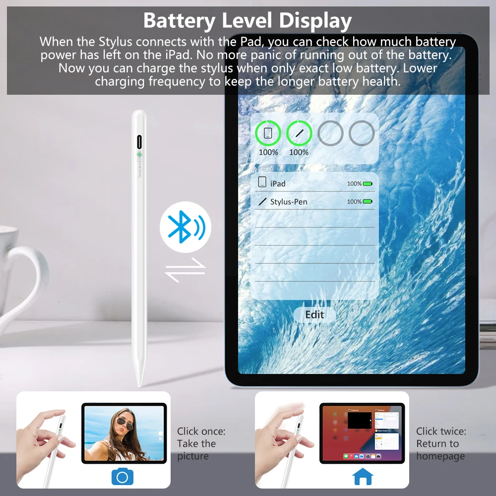 GOOJODOQ-Caneta Stylus Bluetooth para iPad, Lápis Apple 2 1 iPad, Pro 11, 12, 9, Air 4, Air 5, 2018-2023