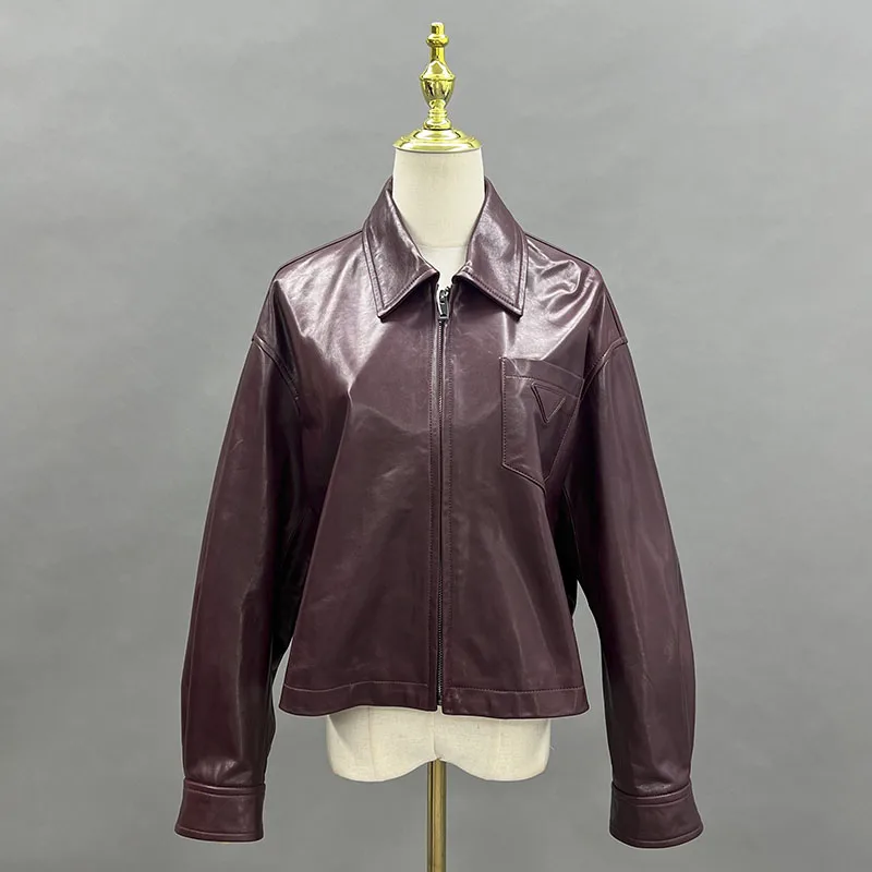 Janefur Damen Echt lederjacke Wein Rot Mantel Moto Style Lady Mode Streetwear Mantel Echt leder JFB6-24039