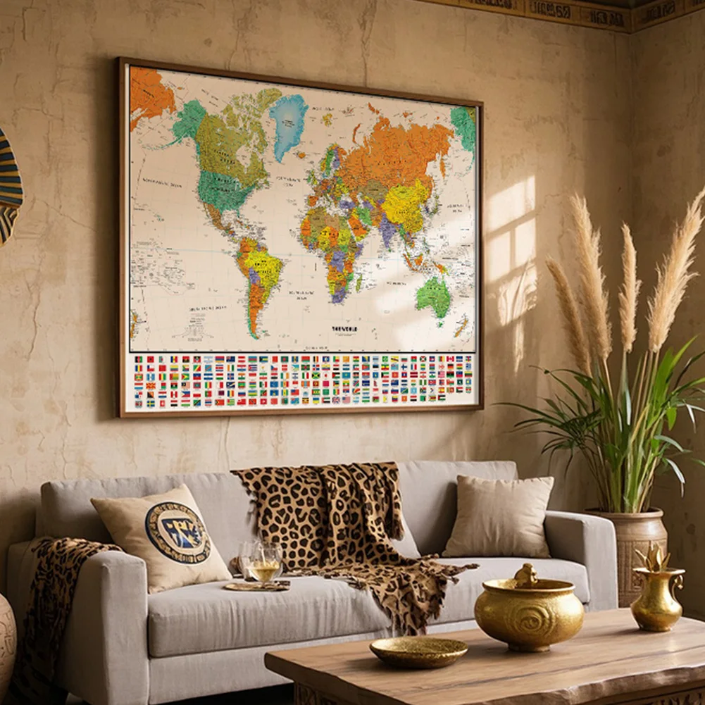 Mapa del mundo de tela, mapa en aerosol no tejido, imagen colgante, fondos de pared, decoración para educación, oficina, hogar, suministros escolares, 150x225cm