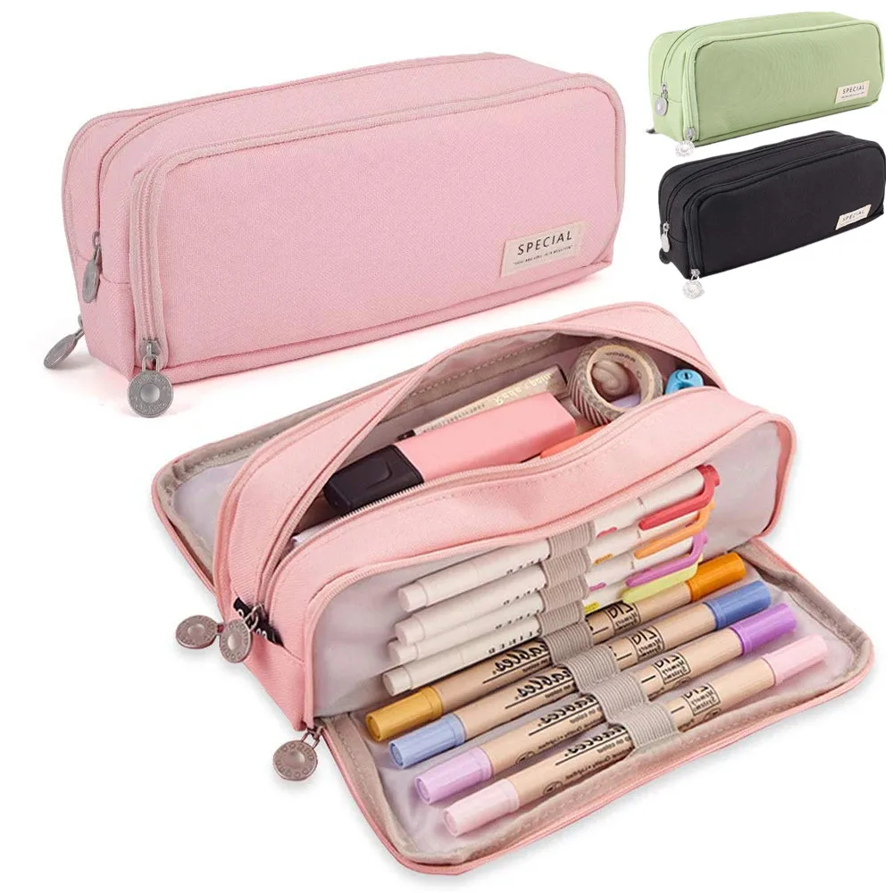 Estuche para lápices de gran capacidad, bolsa de almacenamiento para bolígrafos con 3 compartimentos, organizador de papelería para estudiantes con apertura de doble cara, suministros escolares