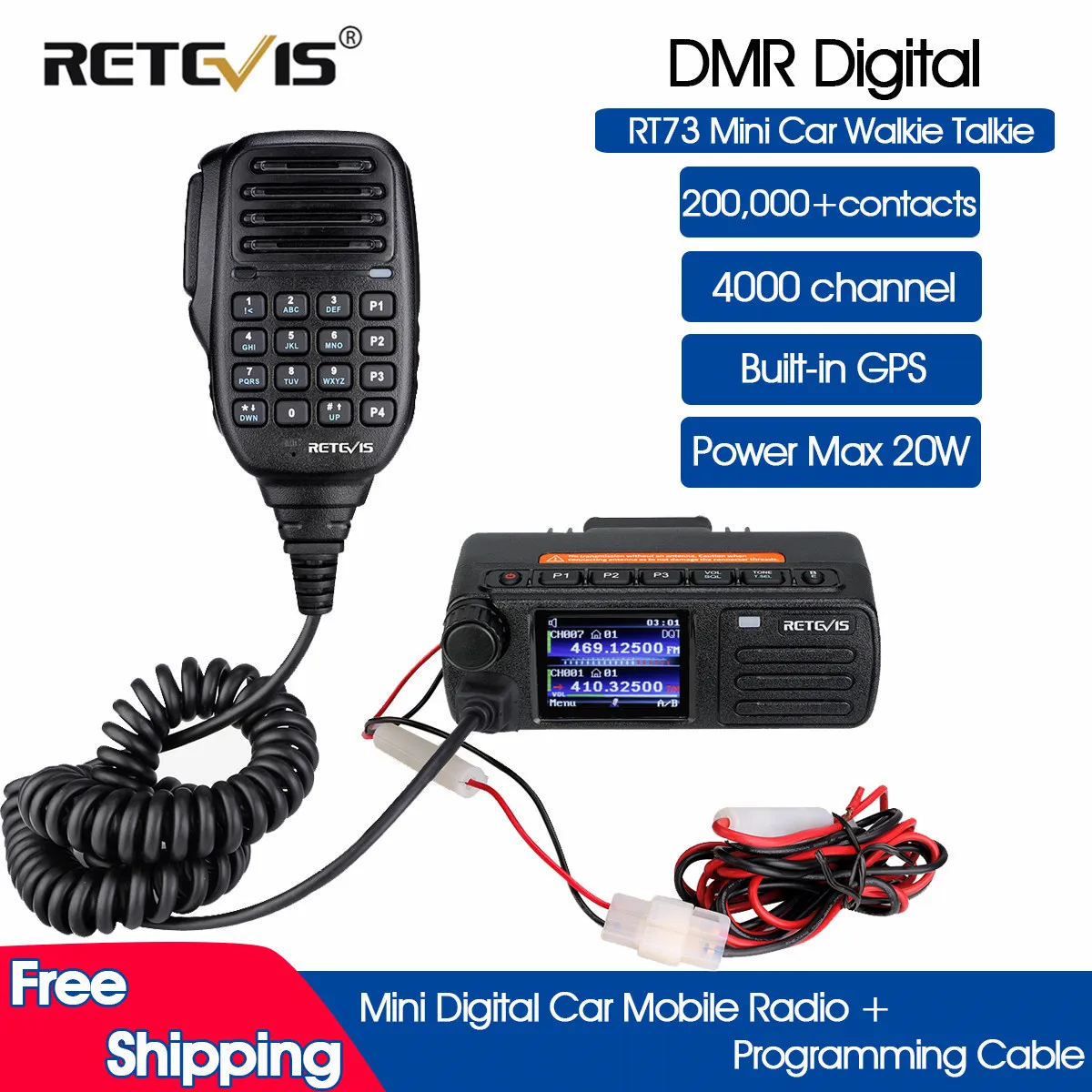 Ham Auto Two-way-Radio Transceiver Autoradio DMR Digitale Mobile Radio Station Bildschirm Retevis RT73 GPS UHF VHF 20W Fahrzeug Basis
