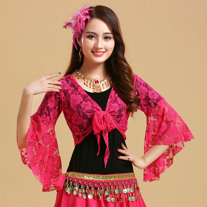 Women's Belly Dance Top Shawl สั้นเสื้อสเวตเตอร์ถักลูกไม้ Flare แขนยาว Shrug Lace-up เสื้อยิมนาสติก Cover Up เสื้อสเวตเตอร์ถัก Wraps