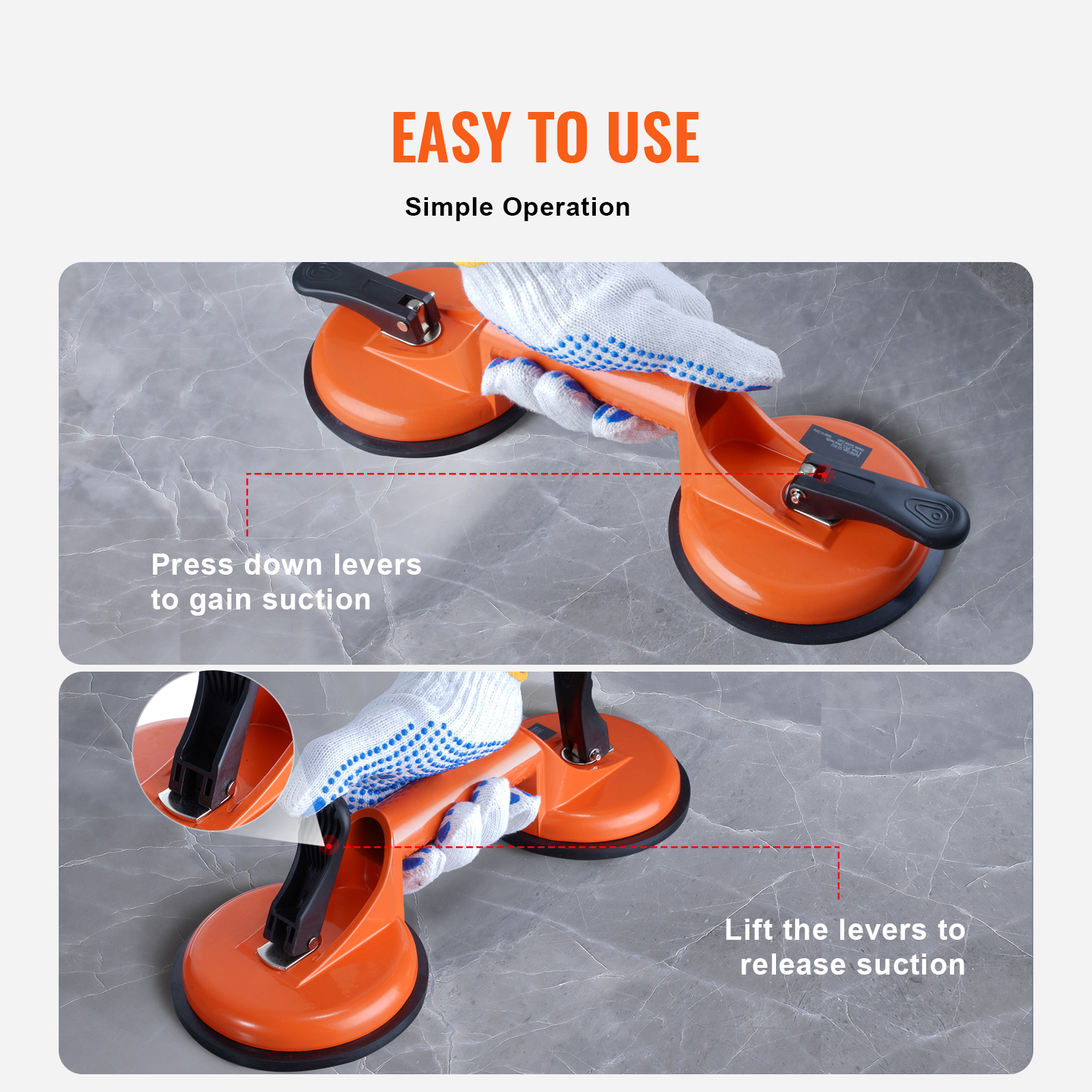 SucceBuy 4,7 "paquete de 2 ventosas de vacío de vidrio de 330 libras con mango de aluminio para elevación de paneles de madera y Metal de azulejos de granito de vidrio