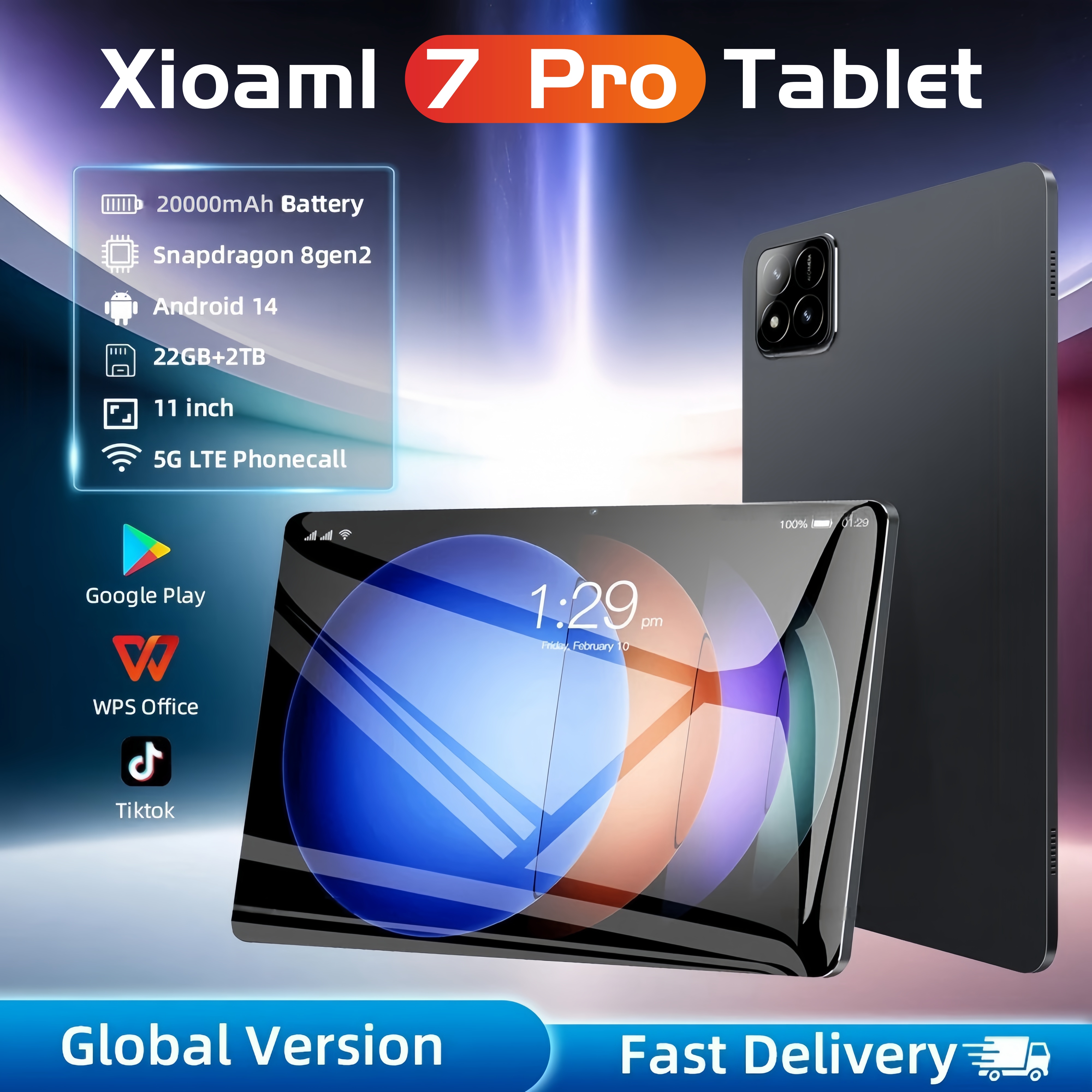 Pad 7 Pro Tablet PC Portátil, Versão Global, Androide 14, 22GB, 2TB, 20000mAh, 5G, Dual WiFi, Chamada Telefônica, Google Play, Novo, 2022