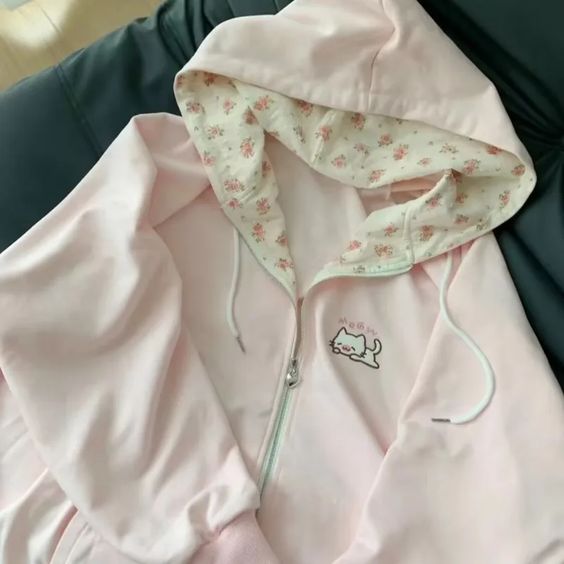 Harajuku coreano kawaii casaco com capuz feminino fino manga longa com zíper cardigan y2k streetwear novas jaquetas soltas de comprimento médio