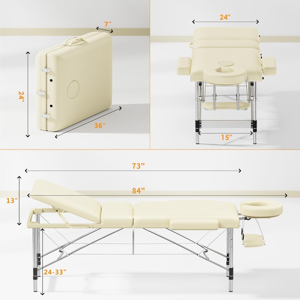 Massage Table Portable 84" Long 24" Wide Professional 3 Sections Reclining Massage Bed Lash Bed, Aluminium Adjustable Estheticia