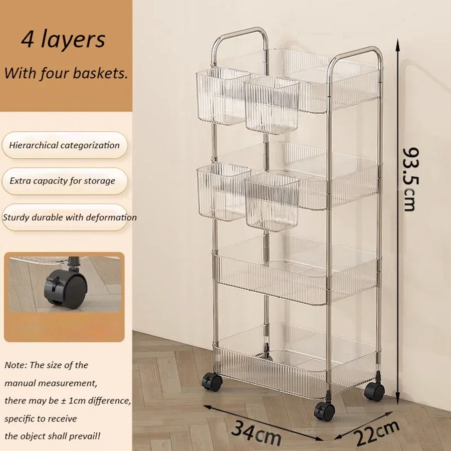 2/3/4 ชั้นหรูหรา Storage Rack รถเข็นอะคริลิคใส Rolling Cart ที่ถอดออกได้แขวนตะกร้าขนมชั้นวางหนังสือ