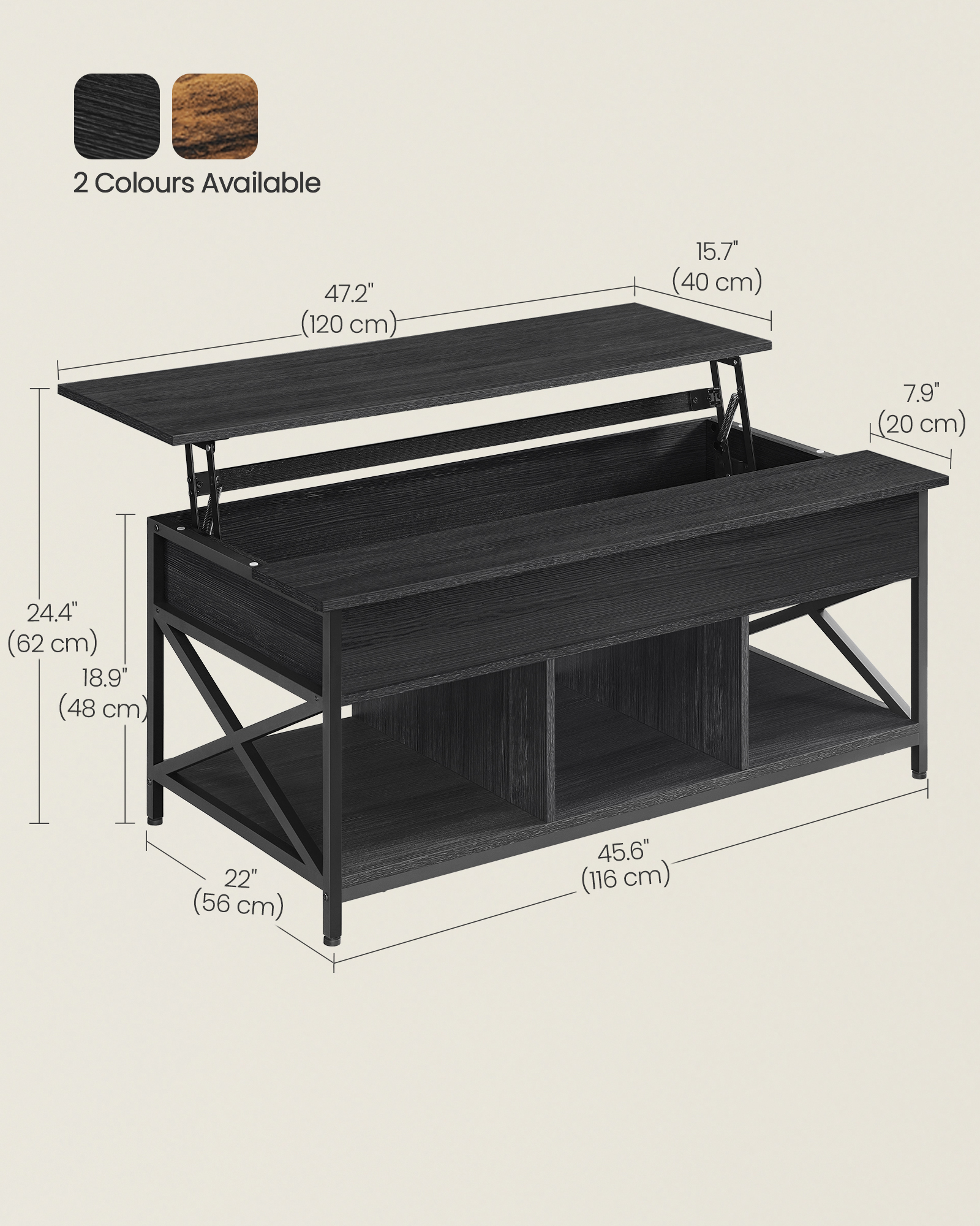 VASAGLE Coffee Table, Lift-Top Table Coffee Table for Living Room, Coffee Table with Open and Hidden Storage, X-Shaped Bars