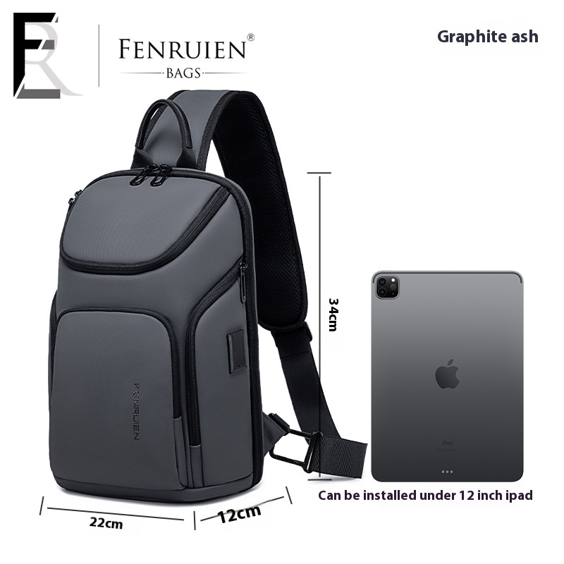 Fenruien bolsa de ombro masculina, bolsa crossbody com carga usb à prova d'água para viagem curta, bolsa de peito adequada para ipad de 9.7 espaços