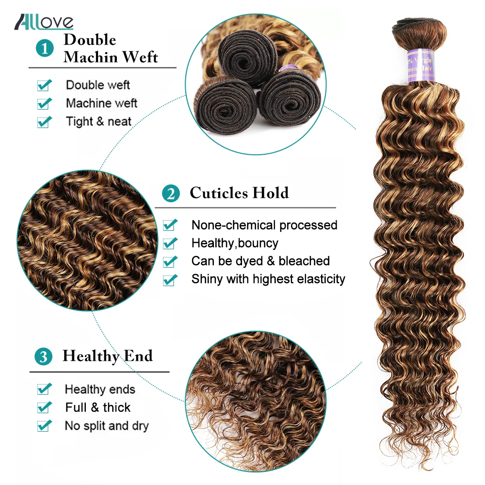 Allove-Deep Wave Pacotes de cabelo humano com fecho, mel cabelo remy marrom, laço transparente, destaque, Ombre, 4x4