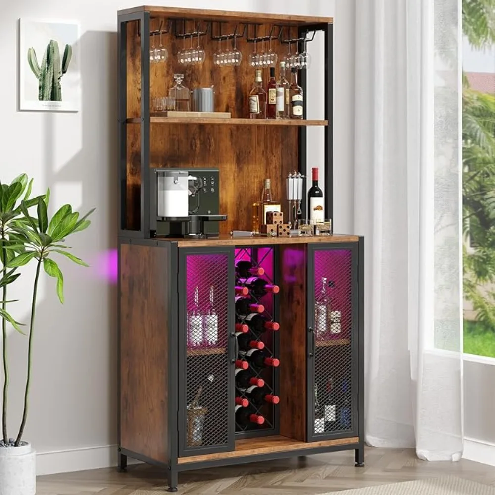 LED Upgraded Bar Cabinet with Back Panel & Microwave Stand Rack,  65" Tall Wine Bar Cabinet w/Glass Holder & Adjustable Shelves