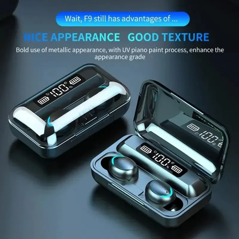 Cuffie Bluetooth wireless F9 Auricolari impermeabili Tws Auricolari Display digitale Custodia di ricarica di grande capacità