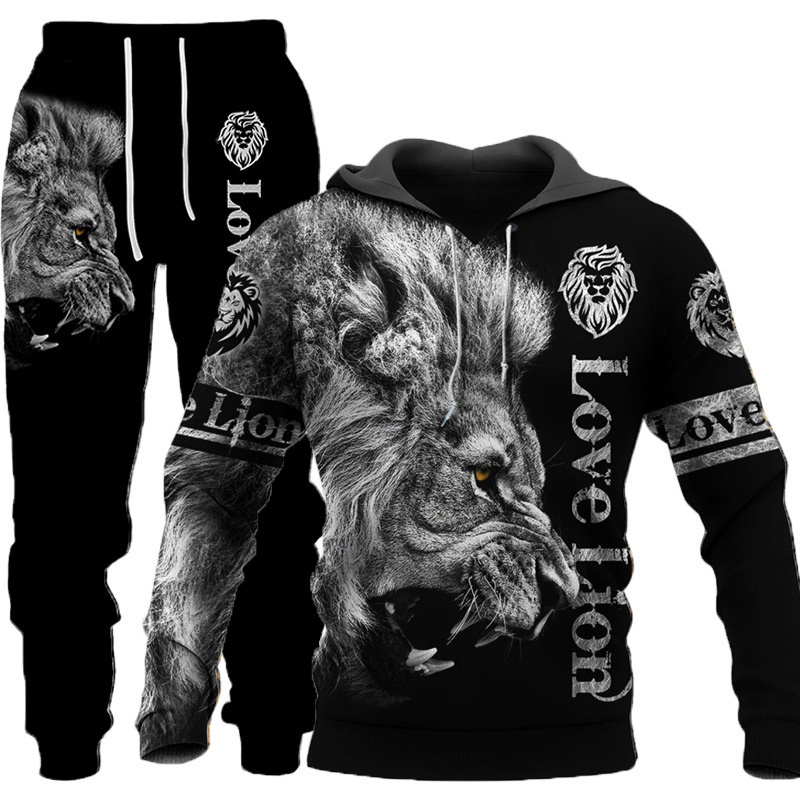 Conjunto de sudadera con capucha y estampado 3D de The Tiger para hombre, chándal/pullóver/chaqueta/pantalones de León, ropa deportiva para otoño e invierno