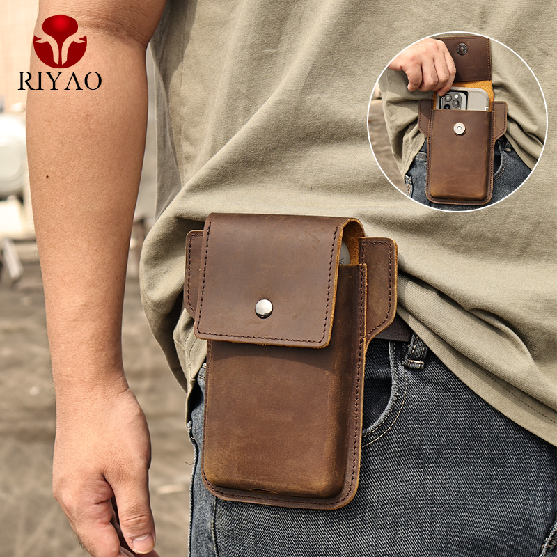 RIYAO Retro Men's Waist Packs Genuine Leather Phone Pouch Case With Belt Clip For Cell Phone For iPhone 14pro 13 Samsung S22 S21