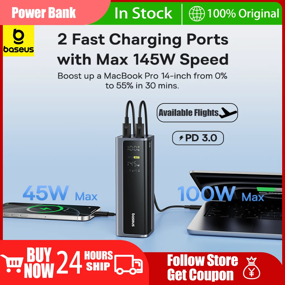 Baseus 145W Power Bank 20800mAh Dual USB A USB C PD 100W Fast Charging Digital Display Portable PowerBank for Laptop Phone Steam