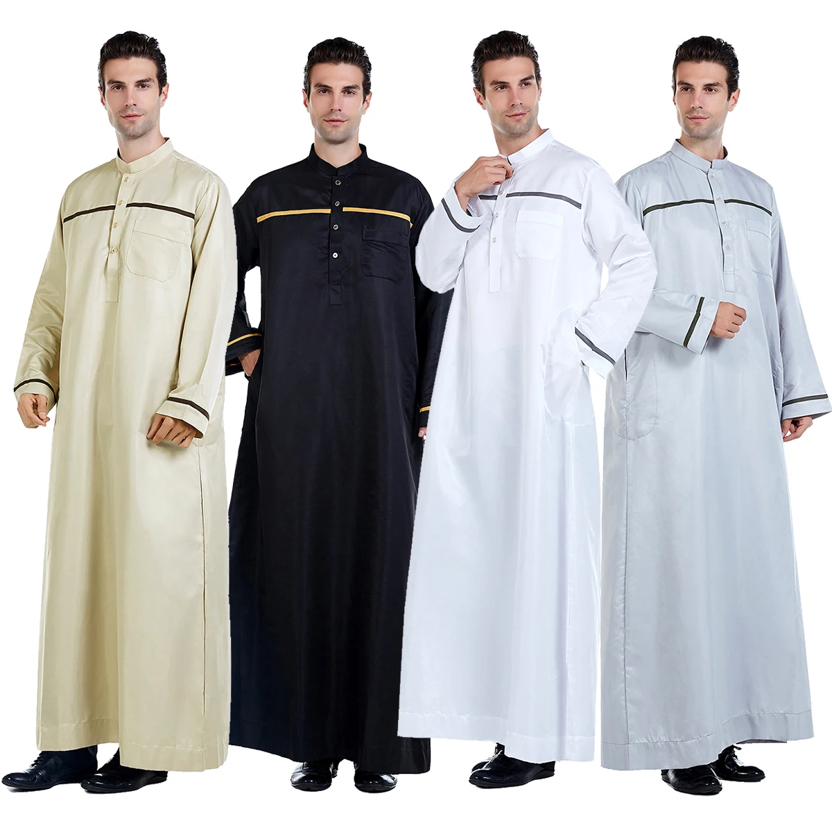 Muslimische Männer Lange Ärmel Stehkragen Patchwork Taste Robe Arabischen Männlichen Erwachsenen Knöchel Länge Thobe Ramadan Eid Kleidung