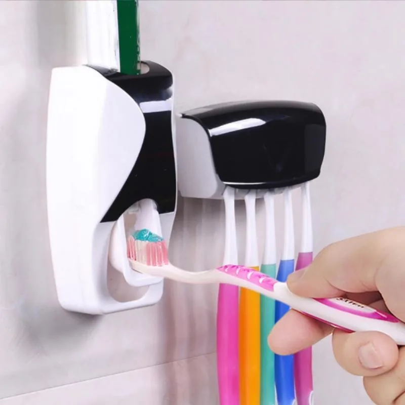 An der Wand montiertes Zahnbürsten- und Zahnpastahalter-Set mit automatischem Spender und Becher