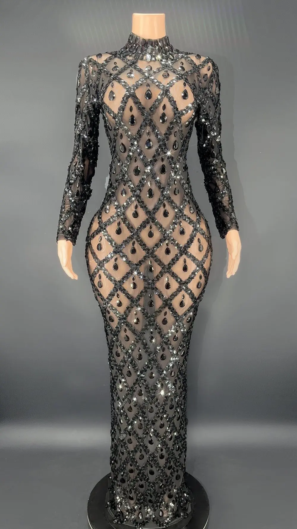 Vestido largo transparente con diamantes de imitación, color plateado brillante, para noche, cumpleaños, celebración, lujoso disfraz de bailarina, vestido intermitente