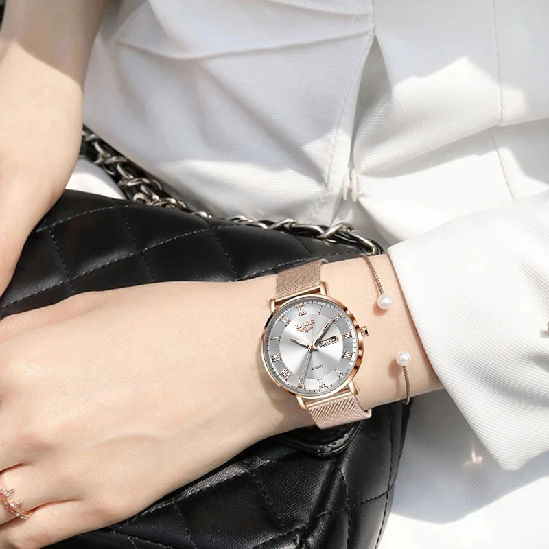 Marca LIGE, reloj de lujo a la moda para mujer, resistente al agua, correa de malla de acero y oro rosa, relojes de pulsera para mujer, relojes de pulsera, reloj femenino