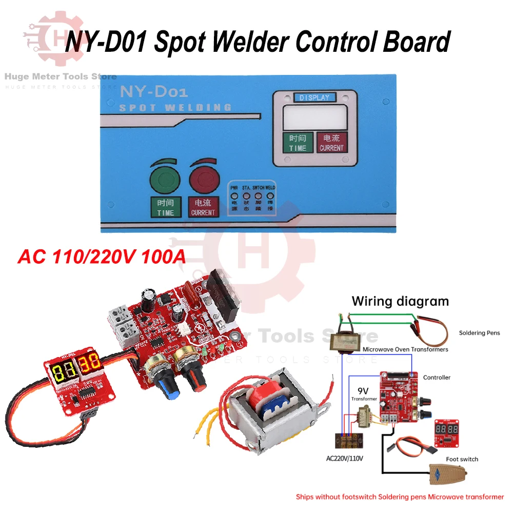 Módulo de Control de soldador por puntos NY-D01 100A, transformador de 110V/220V, pantalla Digital, placa controladora de tiempo y corriente de soldadura por puntos