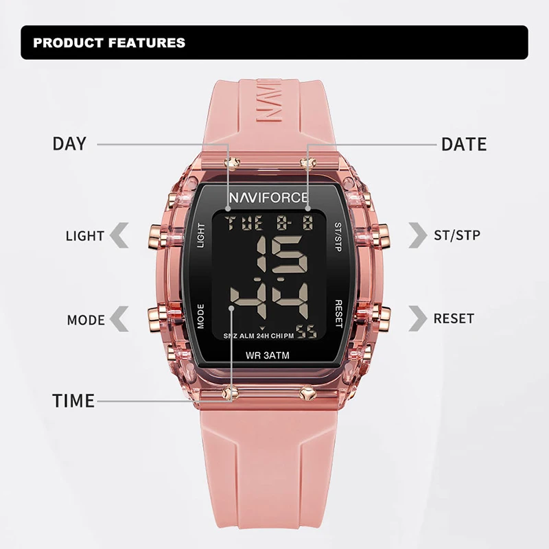 Relojes NAVIFORCE para mujer, reloj femenino con movimiento Digital LCD, moda 50m, banda de silicona resistente al agua, relojes de pulsera electrónicos deportivos
