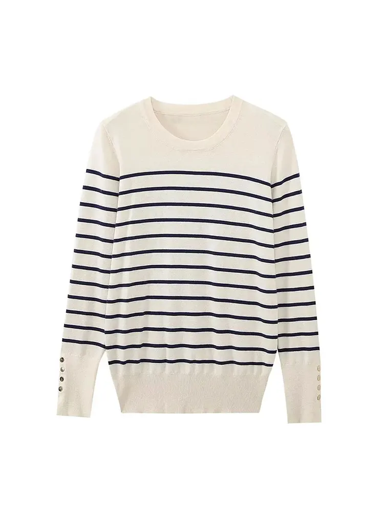 TRAF-suéter de manga larga con cuello redondo para mujer, jersey con botones, informal, liso, de alta elasticidad, otoño 2023