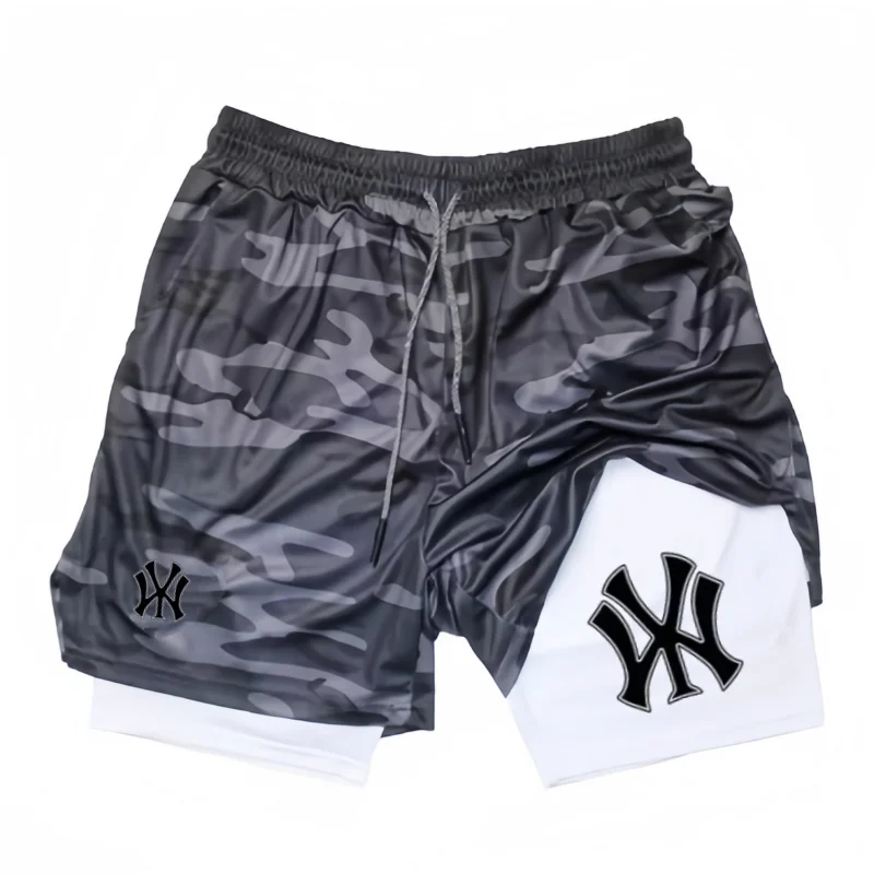 Print 2 in 1 Running Workout Shorts for Men Gym Performance Compression Shorts with Phone Pocket Towel Loop Athletic Activewear