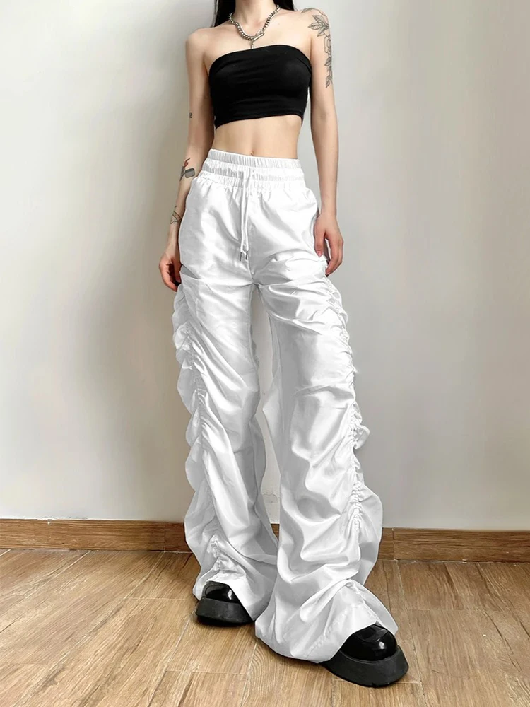 Tendência da moda personalizada autoconfiança vanguardista legal all-match casual solto menina cintura alta perna larga lanterna calças