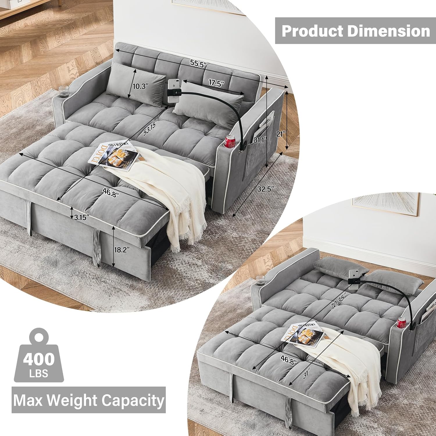 3 in 1 Sleeper Sofa Couch Bed,Velvet Convertible Loveseat Sleeper Sofa Bed,Pull Out Sofa Bed With USB Port Ashtray Swivel Phone