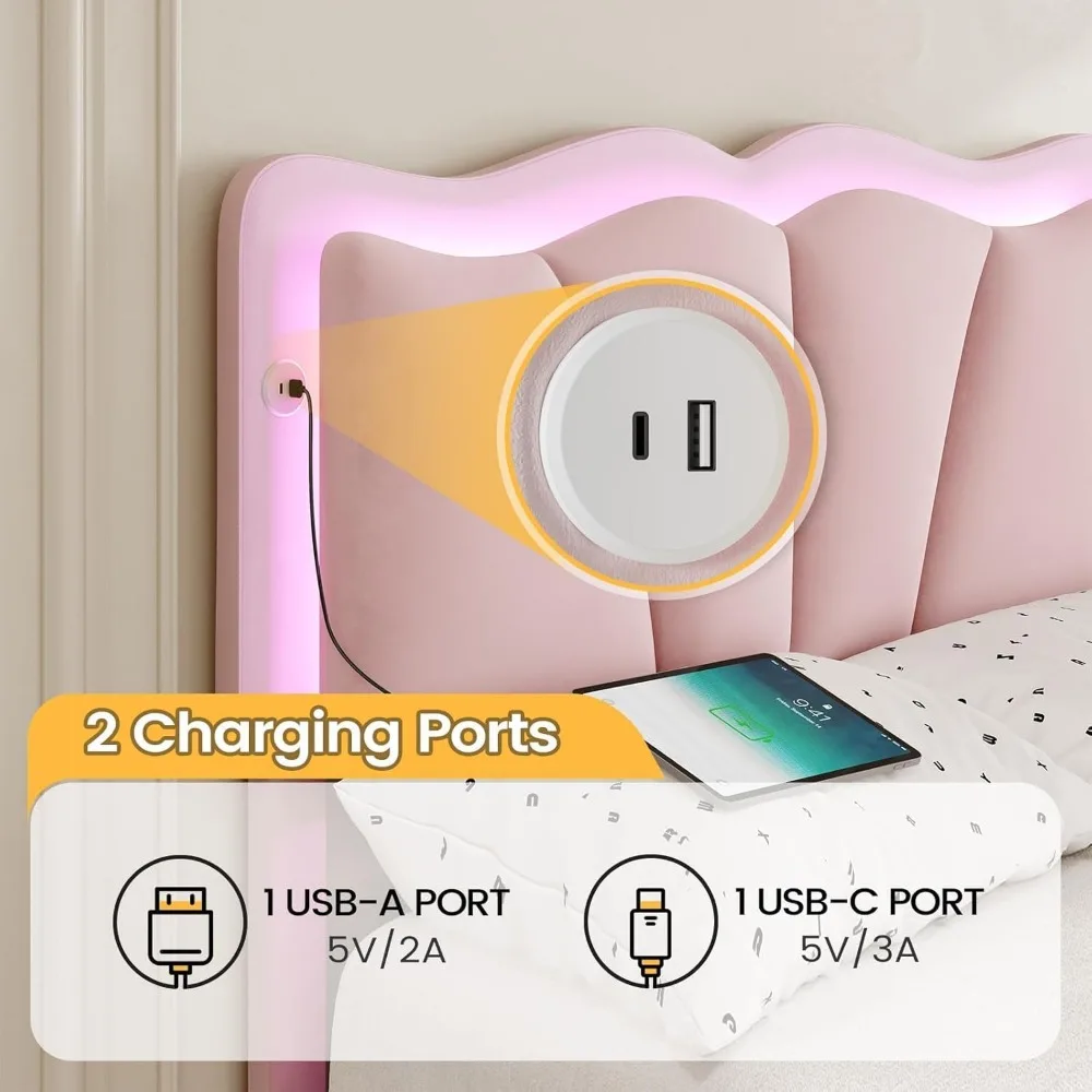 Twin Bed Frame with 4 Storage Drawers & Charging Station,Upholstered Led Flower Twin Bed with Adjustable Headboard , Pink