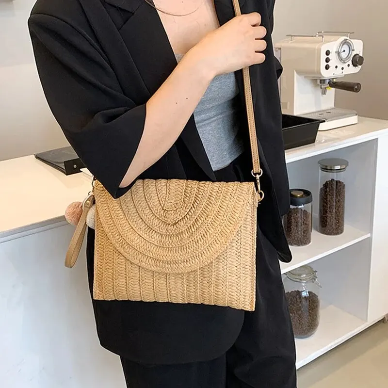 手作りわらビーチショルダークロスボディバッグ女の子封筒織夏小さな毛玉 Cluth