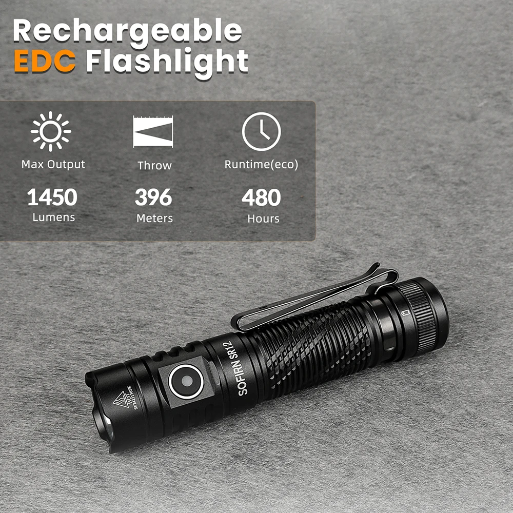 Sofirn SR12 1450lm Powerful 396m Pocket Flashlight SFT25R LED Spotlight Torch with Magnetic Tailcap