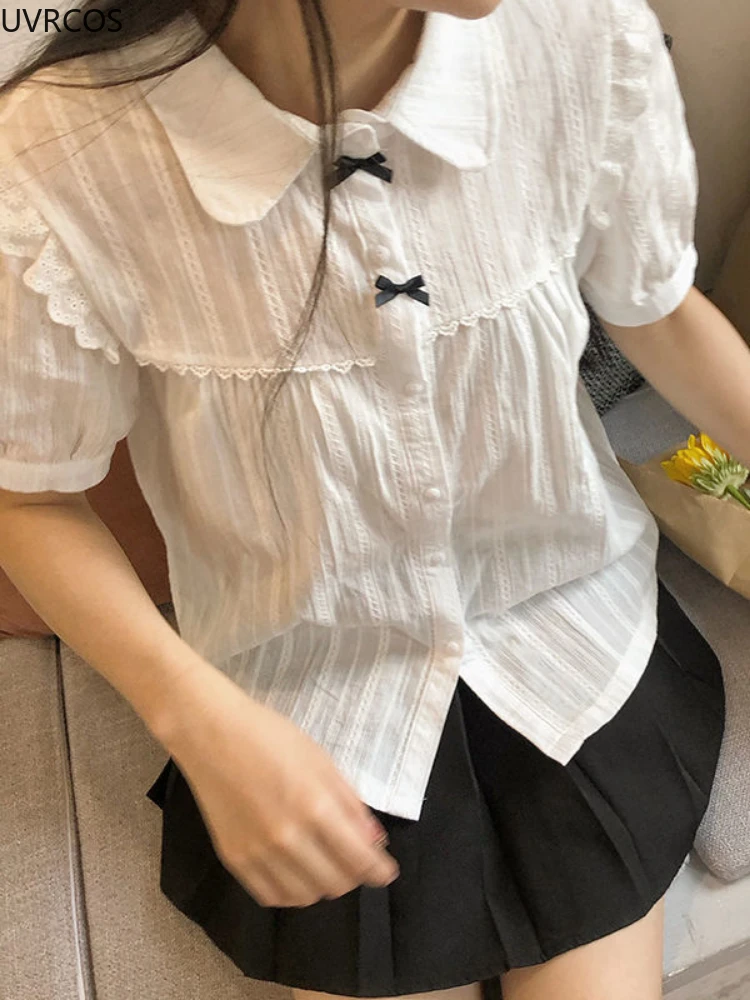 かわいい白ロリータレースブラウス女性ゴシックプレッピースタイルヴィンテージピーターパン襟半袖シャツガール夏かわいいトップ Mujer