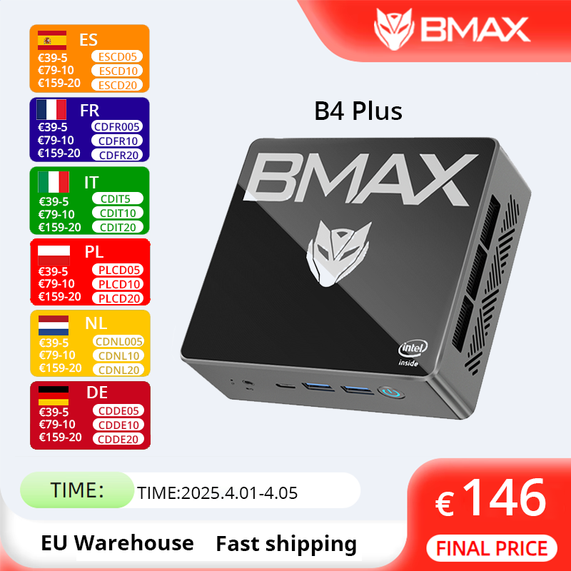 BMAX B4 Plus Mini PC Windows 11 PC Intel N100 16GB DDR4 512GB SSD 2 * HDMI 1 * Tipo-C Suporta 4K @ 60Hz 750MHz Gráficos Intel UHD