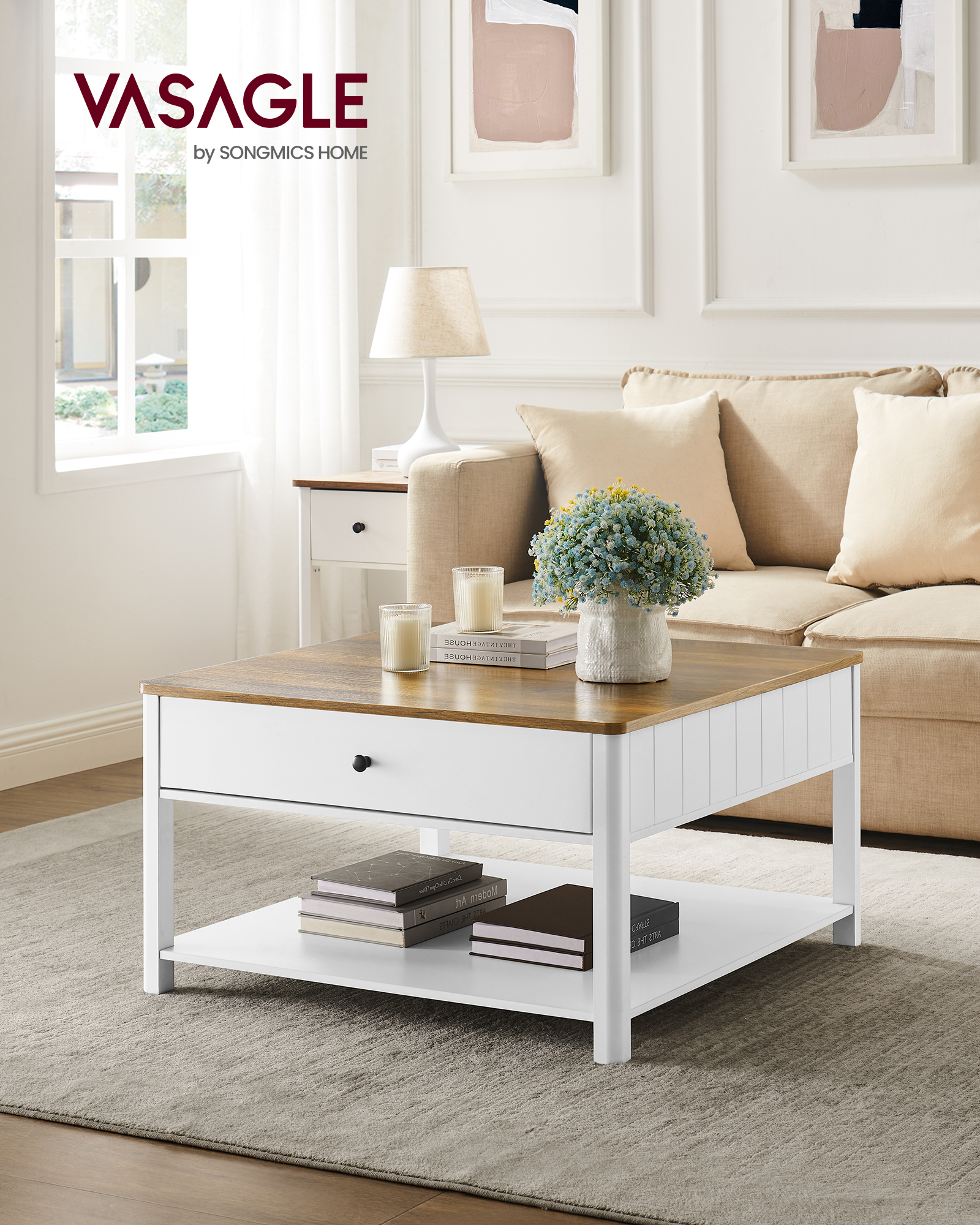 VASAGLE Table Basse, Table de Salon, Table d’Appoint, 2 Grands Tiroirs, avec Pieds, Grand Espace de Rangement, Style Marin, 80 x 80 x 45 cm, pour Salon