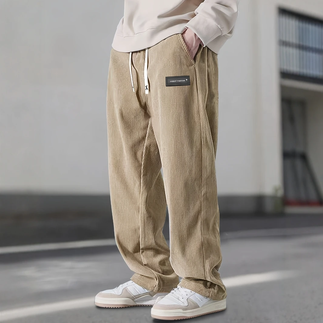 Herren-Cordhose mit geradem Bein, Kordelzug an der Taille, Taschen und Logo-Design – dehnbar, lässige Passform für den Alltag, Spri
