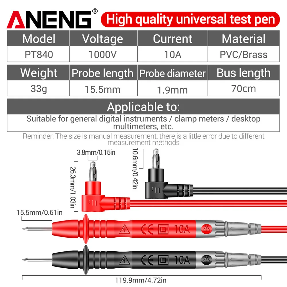 ANENG PT840 1000V 10A DIGITAL MULTIMETER Probe Universal ทดสอบเข็ม PIN ปากกาลวดชุดสายเคเบิล Current เครื่องทดสอบโวลต์มิเตอร์ลวด
