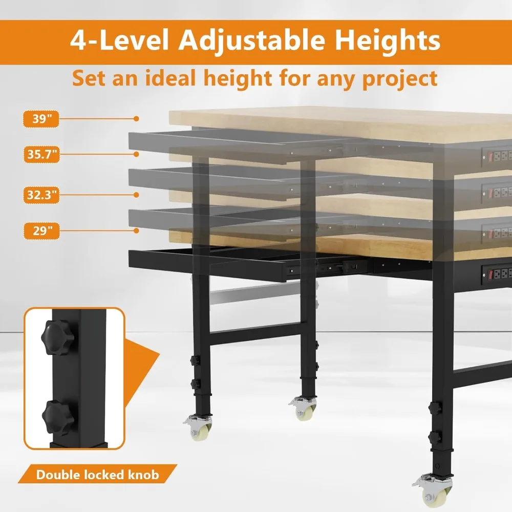 48 inch adjustable height workbench with drawers, power sockets, and wheels, with a capacity of 2000 pounds
