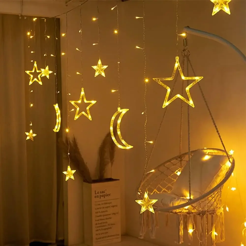LED Star Moon String ไฟพลังงานแสงอาทิตย์/แบตเตอรี่ขับเคลื่อนผ้าม่าน Fairy Garlands โคมไฟกันน้ําสําหรับงานแต่งงานหน้าแรกตกแต่งวันหยุด