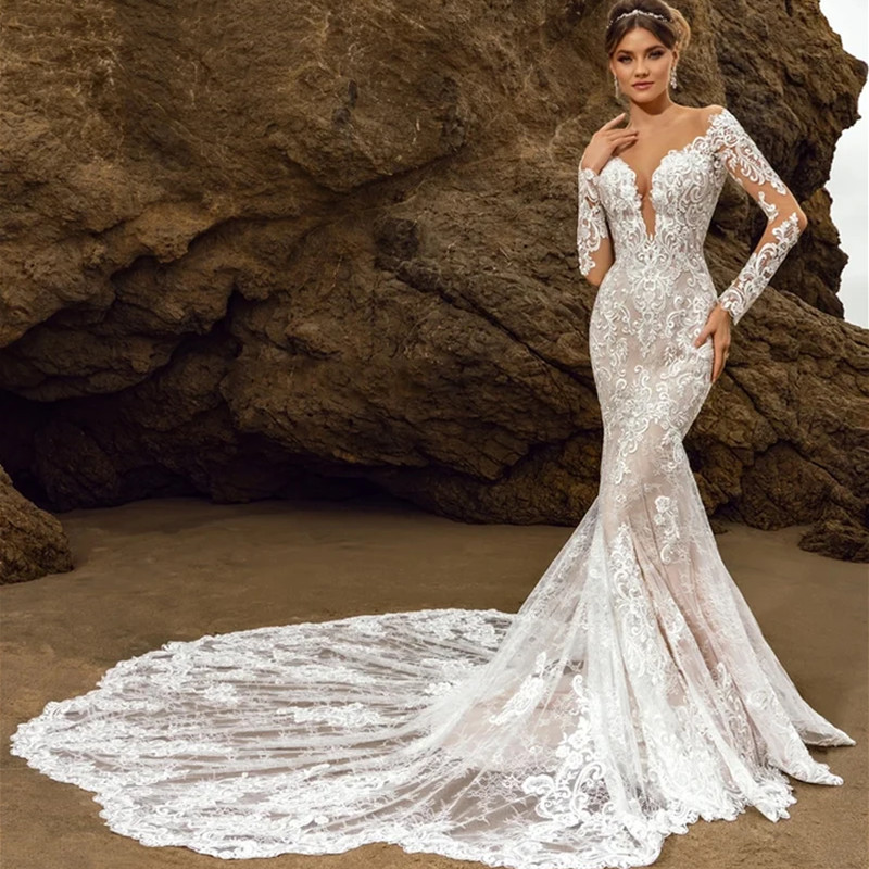 Maßgeschneiderte exquisite Meerjungfrau Langarm Brautkleid Spitze Applikationen Brautkleider für Frauen Sexy tiefer V-Ausschnitt rückenfrei Vestidos