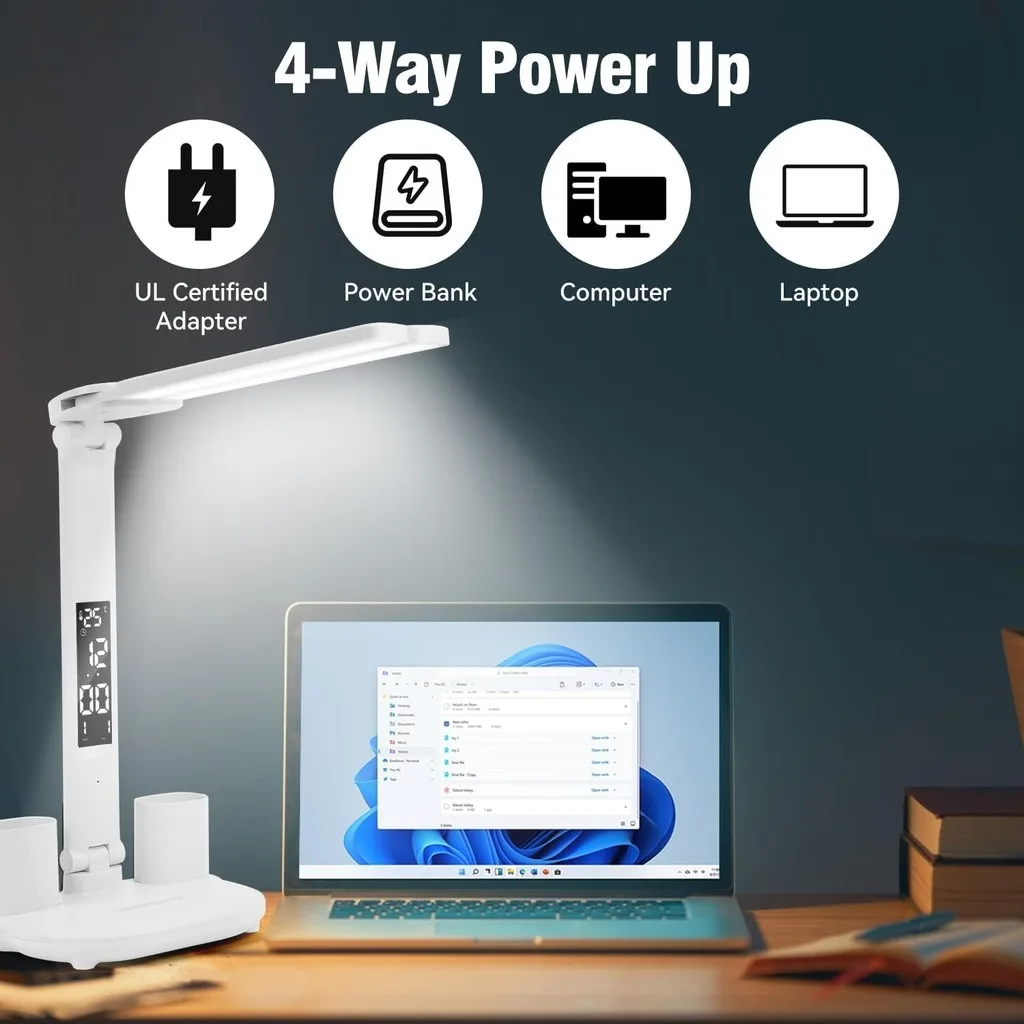 LED-Tischlampe, USB wiederaufladbar, dimmbar, Uhr, Schreibtischlampen, 2 Köpfe, 180 drehbar, faltbar, Augenschutz, Desktop-Lese-Nachtlichter