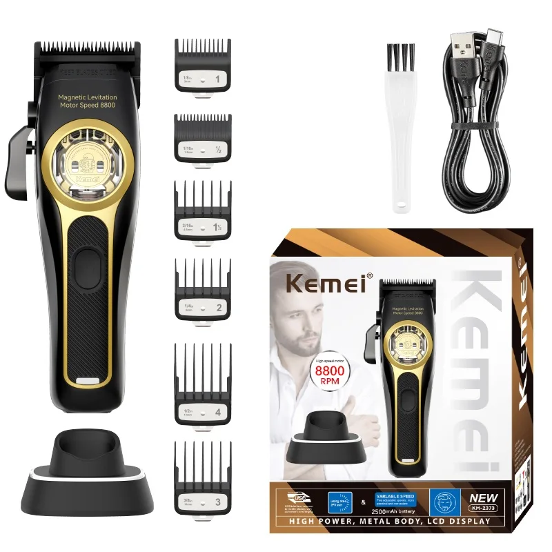 Kemei máquina de cortar cabelo profissional motor de levitação magnética 8800 rpm base de carregamento máquina de cortar cabelo masculina KM-2373